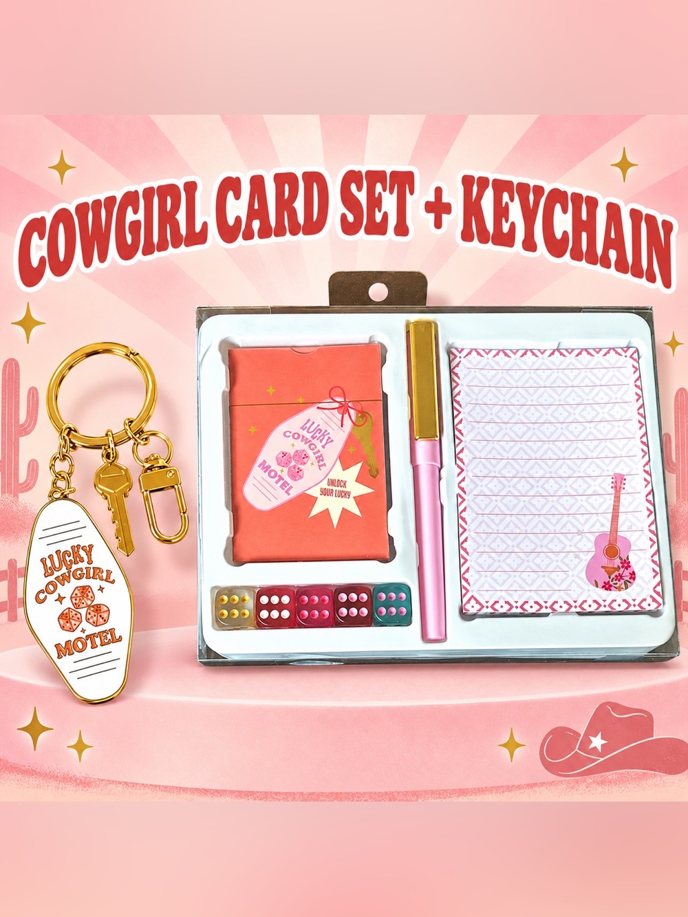 Western Lucky Cowgirl Keychain and Set with playing cards, dice, pen, pad.